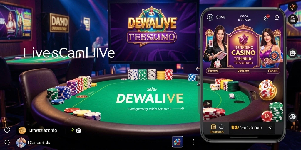 Screenshot DEWALIVE menampilkan dealer langsung dan suasana permainan Live Casino yang mendebarkan.