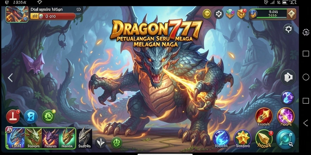 Screenshot utama dari DRAGON777 menampilkan aksi seru dalam pertempuran melawan naga.