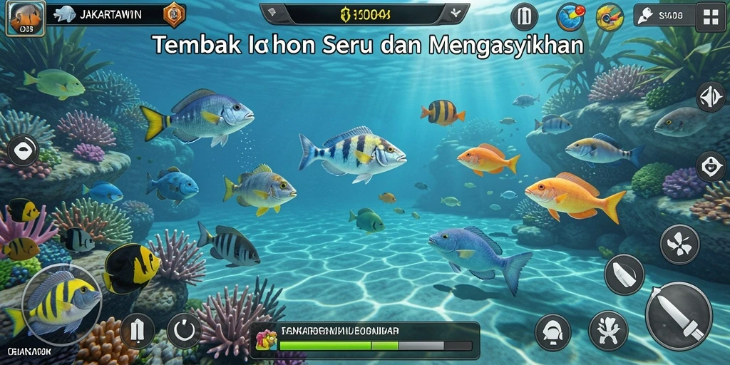 Screenshot gameplay JAKARTAWIN dengan aksi menembak ikan.