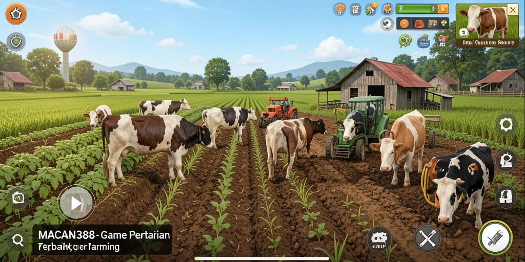 Tampilan gameplay <strong>MACAN388</strong> dengan aktivitas bertani yang menyenangkan.