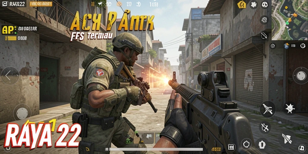 Gameplay intens RAYA22 dengan aksi tembak-menembak yang seru.
